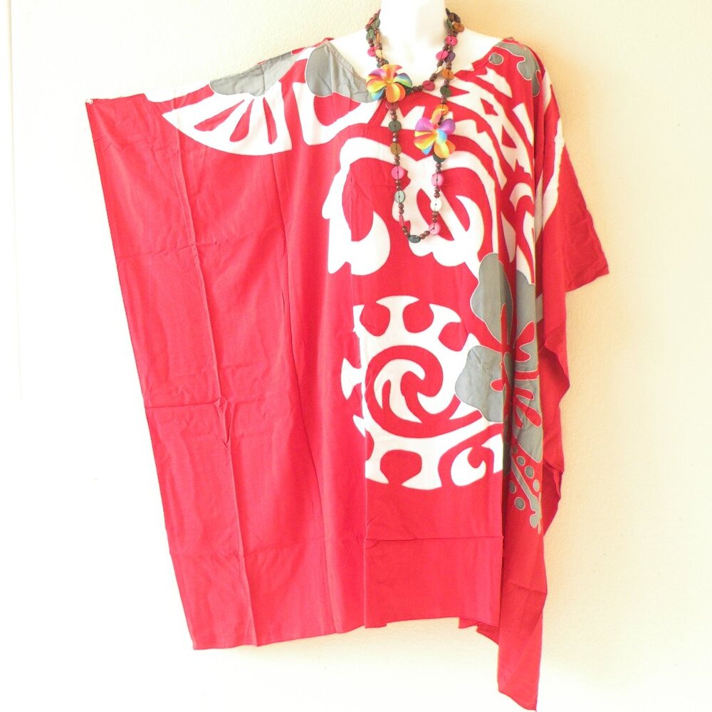 LT121 Red Hibiscus Floral Women Handpainted 38" Kaftan Midi Dress / Long Top